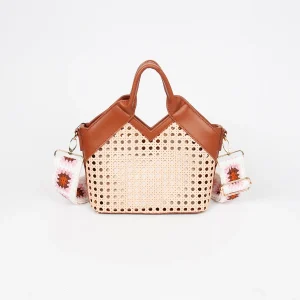 870815 Vesker, IZRA liten netting shopper med mønstret skulderrem - cognac