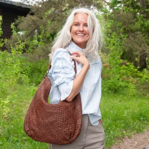 843611 Veske LOTUS stor flette bag i skinn med dobbel rem -brun