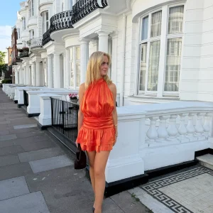 Ester Waisted Halterneck Dress - Vibrant Coral