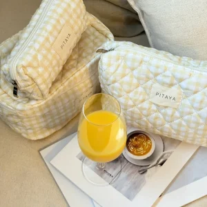 Large Makeup Bag - Yellow Check