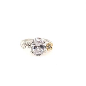 Sølvring med blader gullblomst og oval zirconia 2 mm ringskinne
