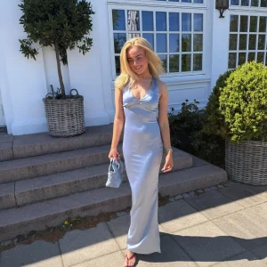 Ella Satin V-neck Dress - Dusty Blue